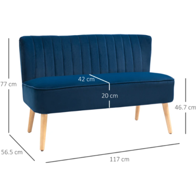 Homcom Velvet-feel Double Sofa W/ Wood Frame Foam Padding High Back, Blue