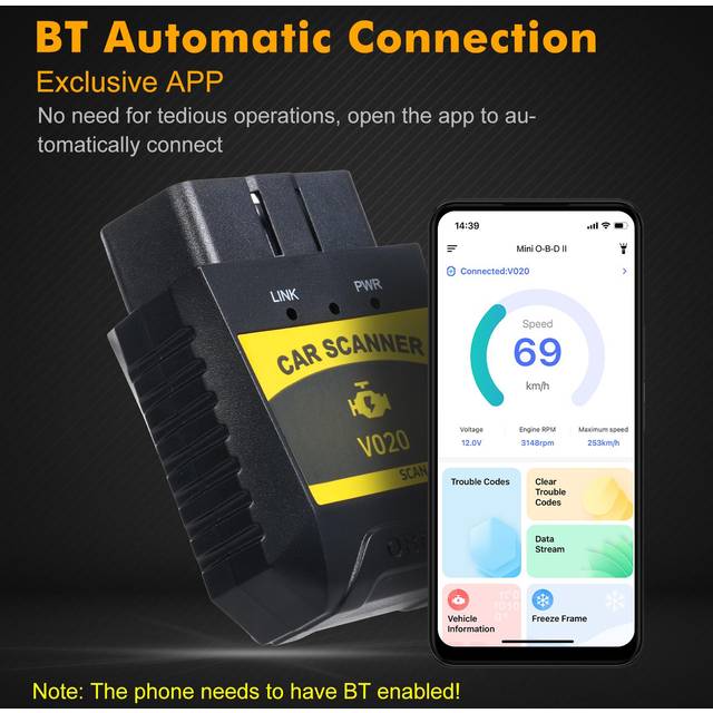 V020 BT 4.0 Read Car Scanner Diagnostic Scanner Tool For AndroidPC Read Engine Error Codes For Car svart