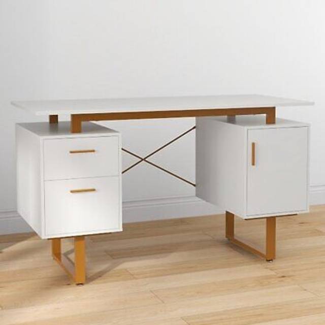 Computer Desk with Floating Desktop and Dual Drawers-White
