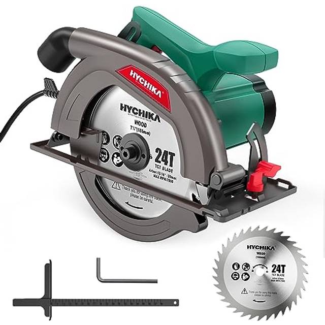 Circular Saw, 1300W HYCHIKA Electric Saw 4500RPM, High Power Motor, 24T Blade(185mm), Cutting Depth 65mm (90Âº), 45mm (45Âº)