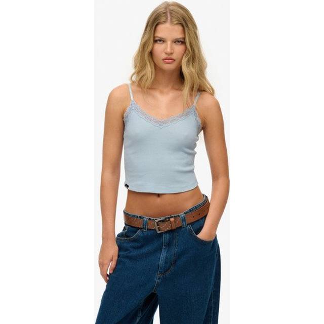 Superdry Athletic Essentials Lace Trim Cropped Cami Top, Blue Fog