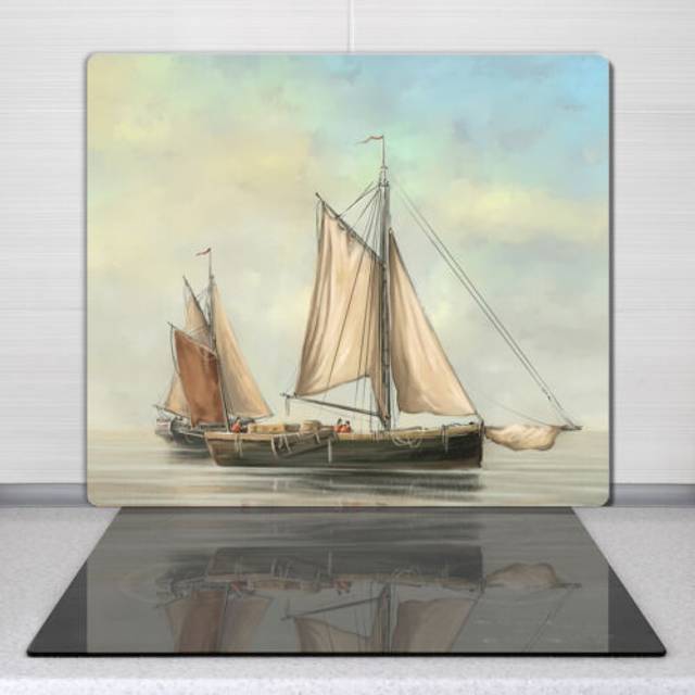 Glass chopping board worktop saver oil painting sea ships fisherman 60x52 cm
