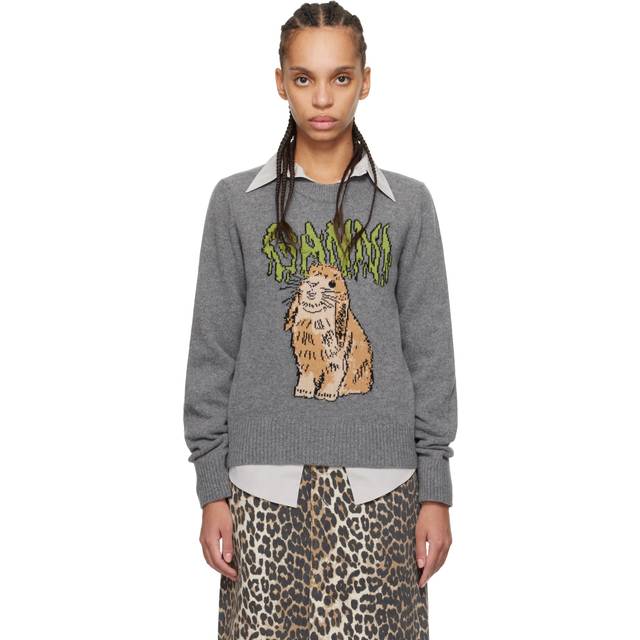 GANNI Gray Graphic Bunny Sweater - 523 Frost Gray - XXL