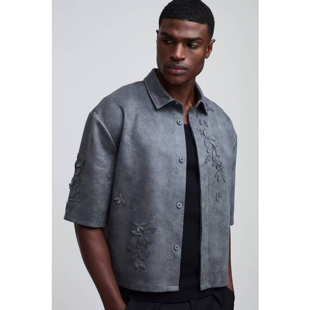 Oversized Boxy Faux Suede 3D Floral Shirt - Grey - XL