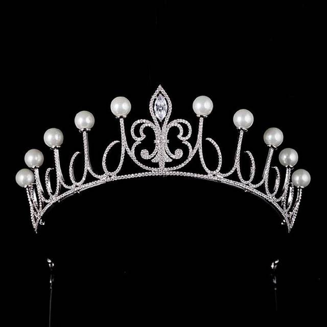 Luxury All CZ Cubic Zirconia Flower Pearl Queen Wedding Pageant Prom Tiara Crown - Green