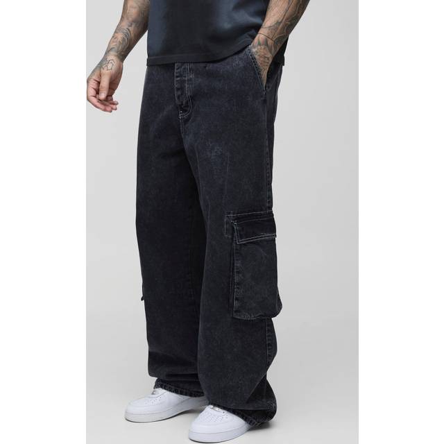 Tall Acid Wash Contrast Stitch Cargo Jeans - Black - 36