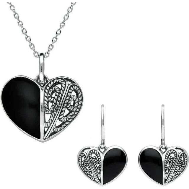 Sterling Silver Whitby Jet Half Stone Heart Two Piece Set - Silver