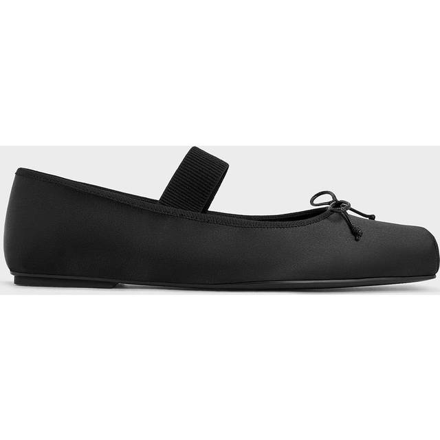Charles & Keith - Satin Square-Toe Mary Jane Ballet Flats - Black Textured - UK 2