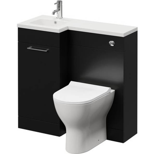 Napoli Combination Vanity Unit Toilet Suite with Left Hand L Shaped 1 Tap Hole Round Basin and Single Door with Chrome Handle | Matt Black | Plastic | 900mm