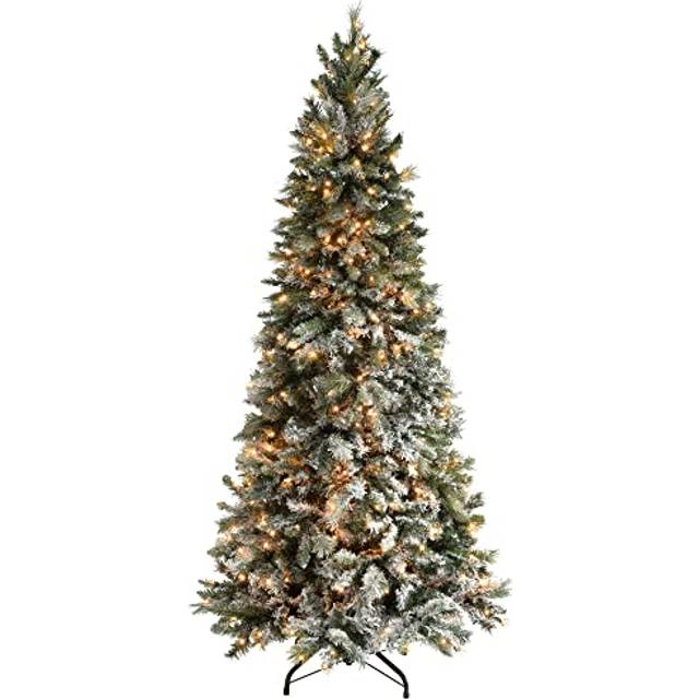 WeRChristmas Pre-Lit Slim Snow Flocked Spruce Christmas Tree with 300 Chasing Warm LED Lights, 6 feet/1.8m
