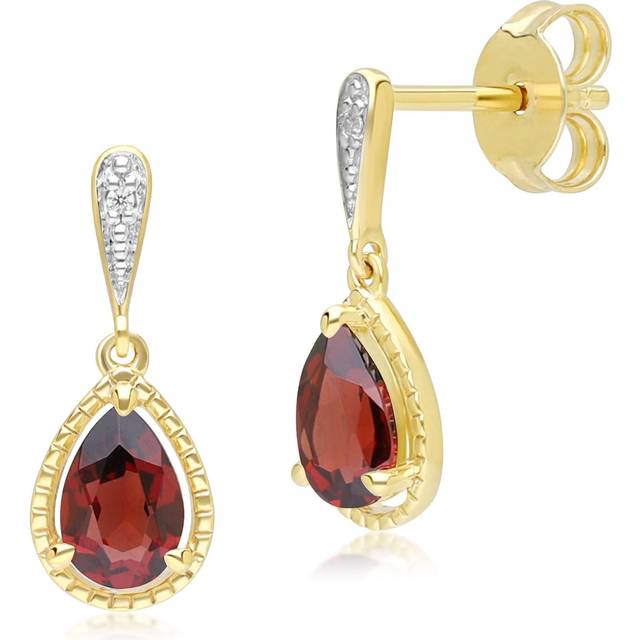 Classic Pear Garnet & Diamond Drop Earrings In 9ct Yellow Gold