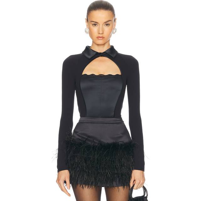 fleur du mal Stretch Satin Long Sleeve Bodysuit in Black - Black. Size S (also in L, M). (S)