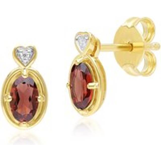 Classic Oval Garnet & Diamond Heart Stud Earrings In 9ct Yellow Gold