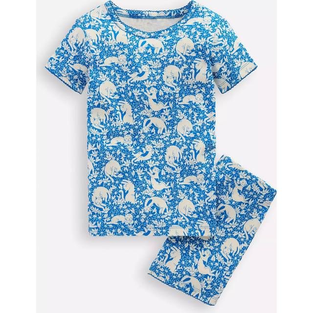 Mini Boden Kids' Cotton Snug Short John Pyjama Set, Blue Kitten Meadow