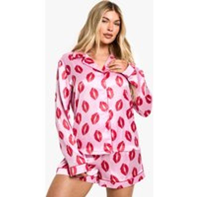 Womens Kisses Print Satin Long Sleeve Shirt & Shorts Pyjama Set - Pink - 8