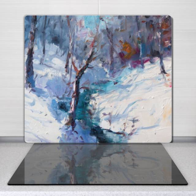 Big glass worktop kitchen chopping board oil painting winter forest 60x52 cm