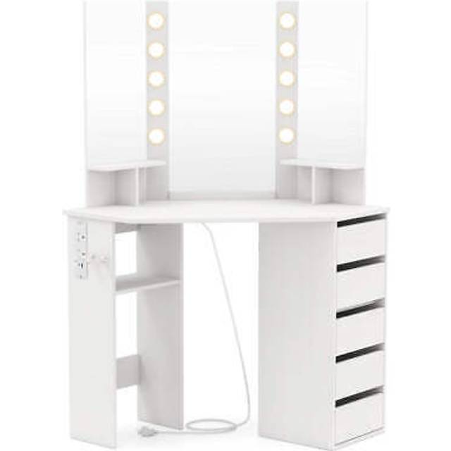 Corner makeup vanity desk with lighted mirror power outlets-white