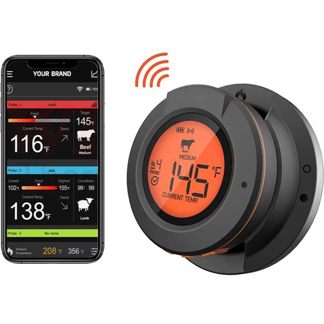 Wireless Meat Thermometer with 2 Probes 164FT BT4.2 APP Control IP64 Waterproof Meat Thermometer black