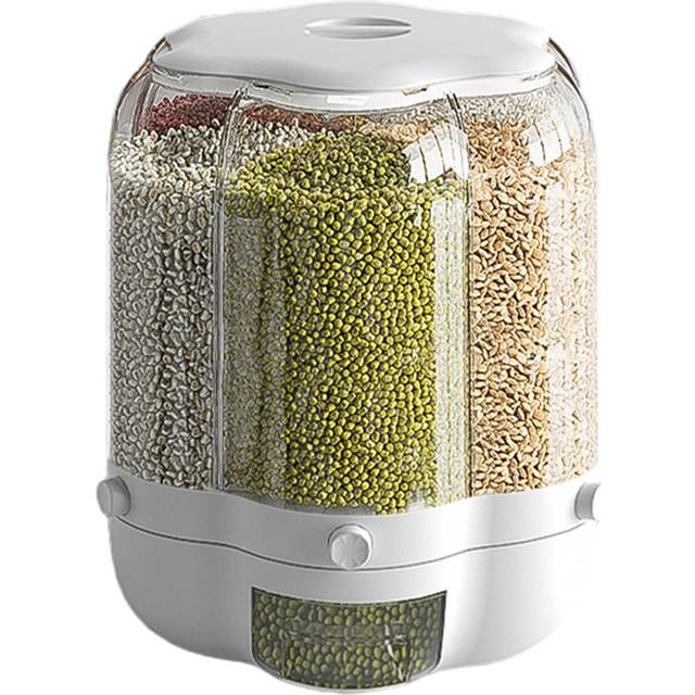 Food Grain Storage Container Large Capacity 9L 6 Grid Rotatable Rice Dispenser Sealed Grain Food white