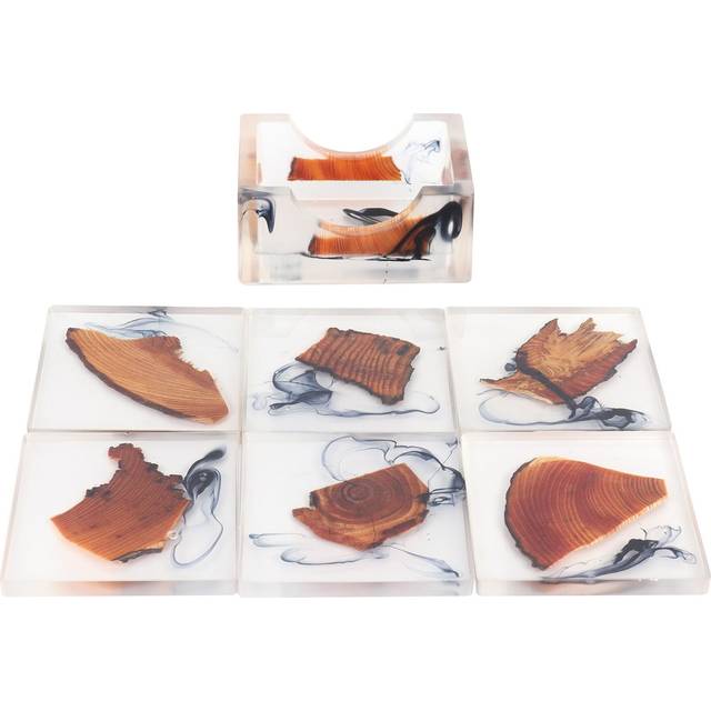 6Pcs Drink Coasters Rack Set Heat Insulation Pine Wood Resin Cup Pad Tabletop Protection(Square