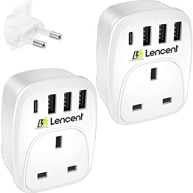 LENCENT 2 Packs UK to EU Euro Europe Plug Adapter, European Travel Adapter with 3 USB Ports & 1 USB C Port for Italy Switzerland Germany Spain France