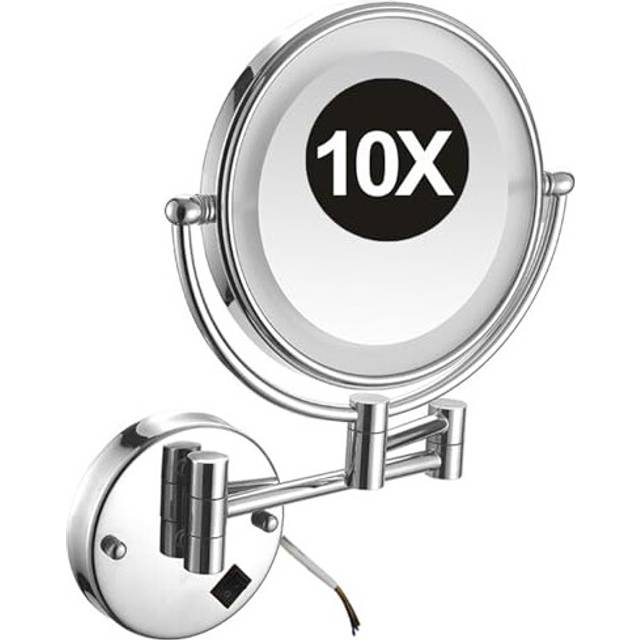YSOLDA 8 Inch Wall Mounted Lighted Makeup Mirror, Dual Sided LED Vanity Mirror with Switch, Brass Adjustable 10X Magnifying Beauty Cosmetic Mirror,
