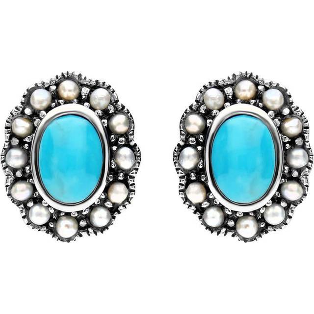 Sterling Silver Turquoise Pearl Oval Beaded Edge Stud Earrings - Silver