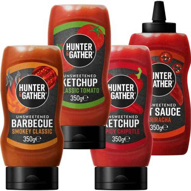 Hunter & Gather Unsweetened Sauces 4 x 350g | Classic Ketchup, BBQ, Spicy Ketchup & Hot Sriracha Sauce, Keto, Paleo, Low Carb & Vegan Friendly | Free