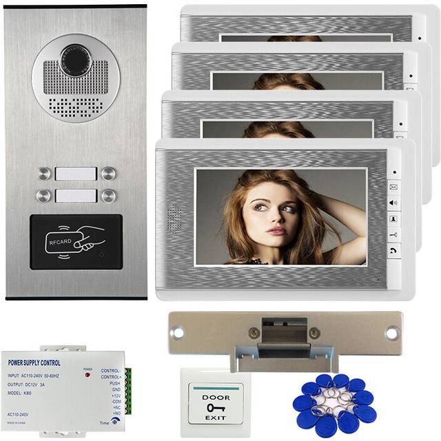FREE SHIP 7&quot; Video Door Phone Intercom System RFID Access Doorbell Camera for 2 / 3 / 4 Family Apartment + Electric Strike Lock