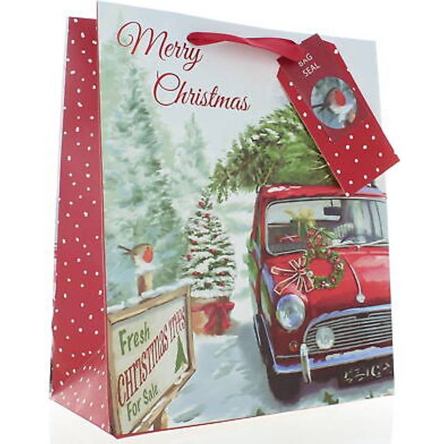 Medium christmas gift bag - car with tree on roof & red foil 10x8.5"