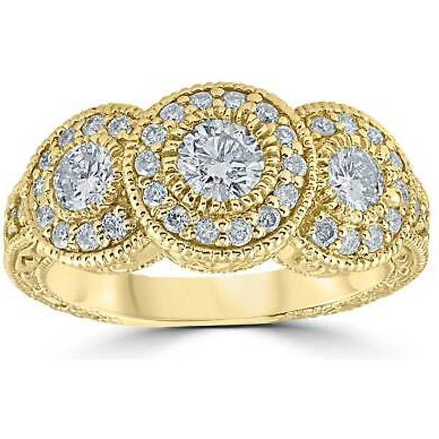 1/2ct Antique Diamond 3 Stone Engagement Anniversary Halo Ring 14k Yellow Gold