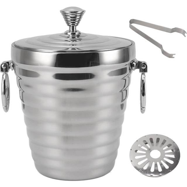 Ice Bucket Wine Bucket Stainless Steel Double Wall with Lid Tongs Strainer Large Capacity Ice 1L