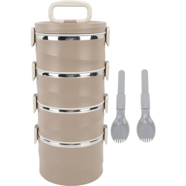 3.3L 4 Tier Insulated Lunch Box 304 Stainless Steel Food Container Round Stackable Bento Box with 2 brown