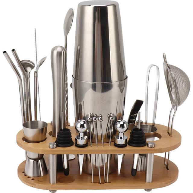 Cocktail Shaker Set Stainless Steel Bartender Kit with Bamboo Stand Full Cocktail Accessories for L
