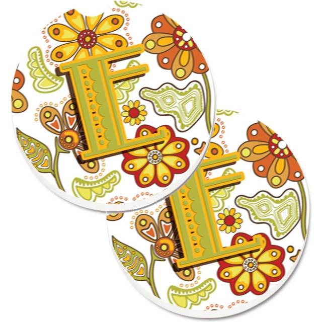 """""Caroline's Treasures Letter E Floral Mustard & green Set of 2 Cup Holder Car Coasters CJ2003-ECARC  2.56  Multicolor"""""
