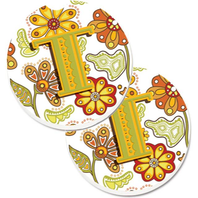 """""Caroline's Treasures Letter T Floral Mustard & green Set of 2 Cup Holder Car Coasters CJ2003-TCARC  2.56  Multicolor"""""