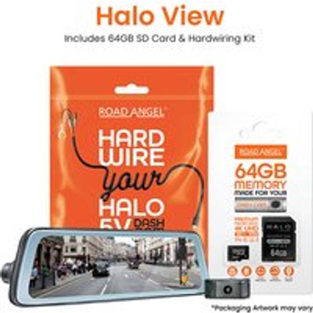 Road Angel Halo Deluxe Front & Rear View Mirror Dashcam, SD Card & Hardwiring Bundle