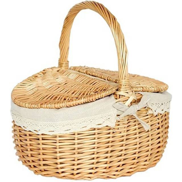 Handmade Wicker Basket with Handle Double-Lid Camping Picnic Willow Weaving Storage Hamper Outdoor Fruit Holder Home Decor