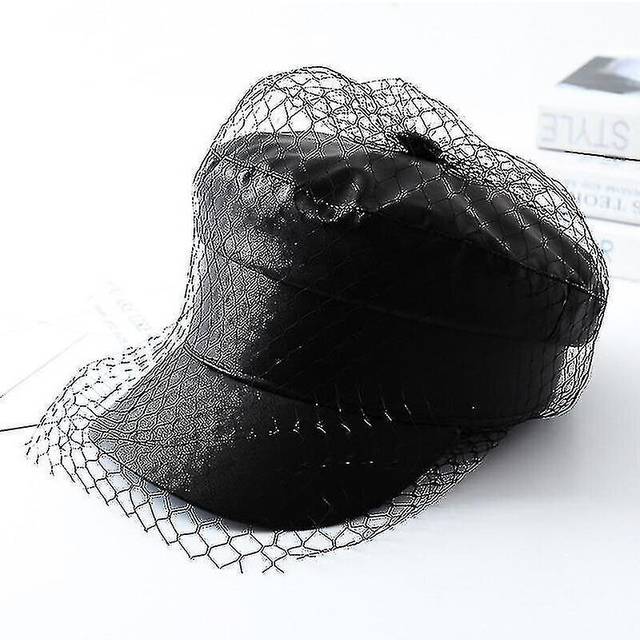 Spring And Summer New Black Pu Lace Veil Newsboy Caps (black)
