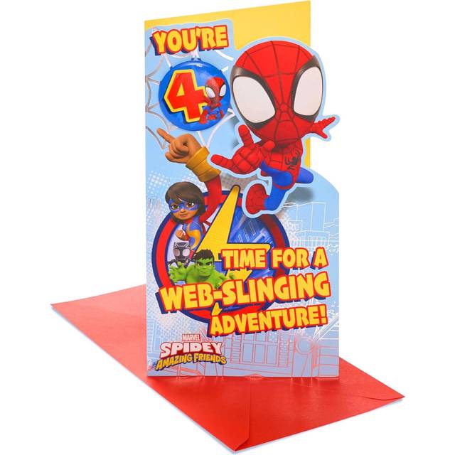Marvel Spidey Amazing Friend Design 4th Birthday Card With Badge Activity Inside