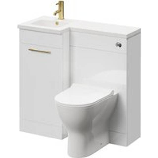 Napoli Combination Vanity Unit Toilet Suite with Left Hand L Shaped 1 Tap Hole Round Basin and Single Door with Brushed Brass Handle | Gloss White | Plastic | 900mm