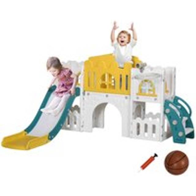 Aiyaplay 7 in 1 Toddler Slide with Basketball Hoop for 1-3 Years Yellow