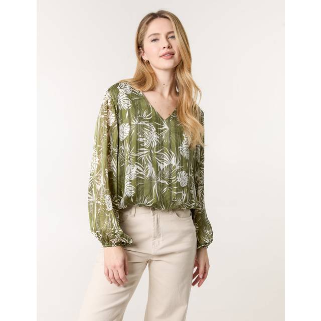 Blue Vanilla Green Leaf Print V Neck Puffball Top