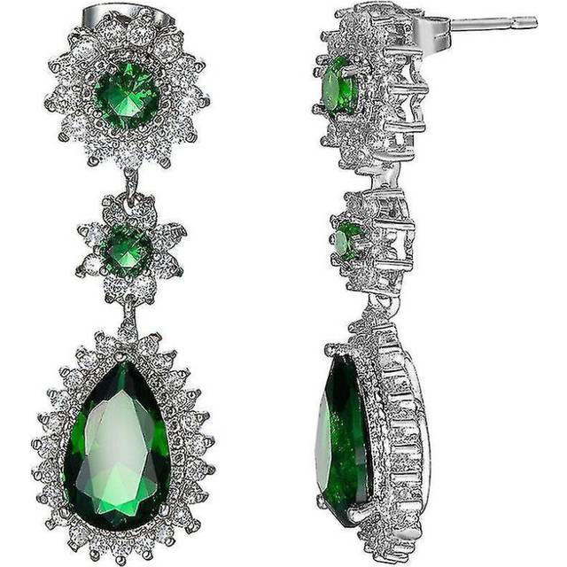 Long Ear Studs Pear Gold Plated Emerald Zircon Green Jewelry For Ceremony