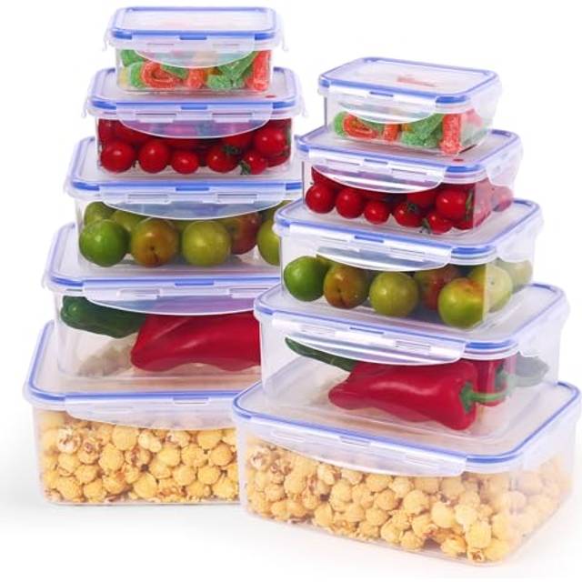 Rainberg Plastic Food Storage Containers - 20 Pieces (10 containers & 10 Lids) Food Containers, Air Tight Lids, Freezer, Microwave & Dishwasher Safe.