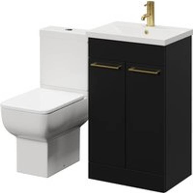 Wholesale Domestic Alessio Vanity Unit and Toilet Suite including Open Back Toilet and Floor Standing Vanity Unit with 2 Doors and Brushed Brass Handles | Matt Black | MDF | 500mm