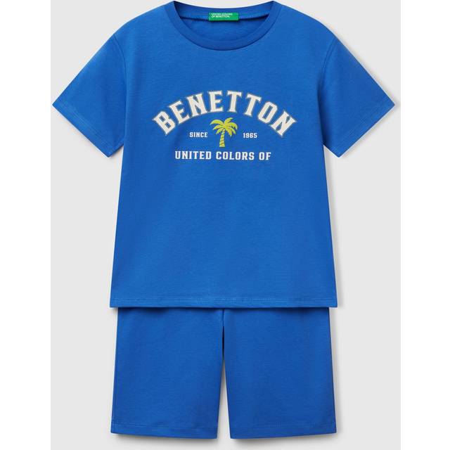 Benetton, Pyjamas In 100% Cotton With Logo, size XS, Blue, Kids