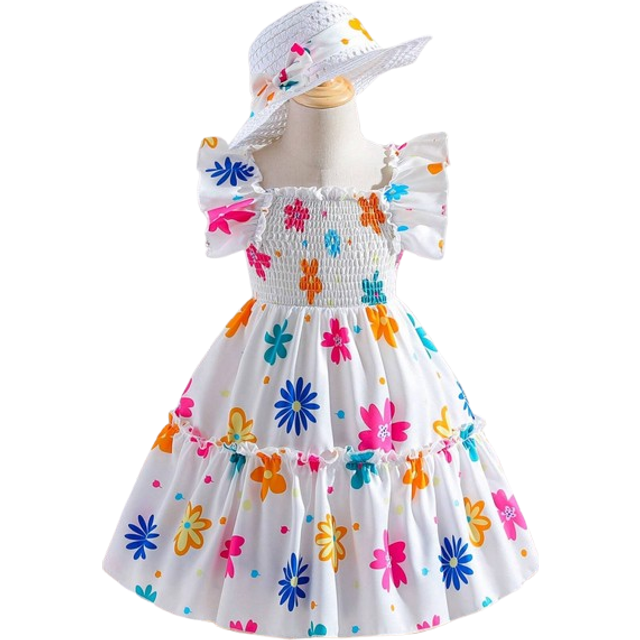 Ung flicka mexikanska barnens dag ärmlös färgglad dopaminrosa midiklänning, sommar - Multifärgad (6Y,7Y,4Y,5Y,3-4Y)