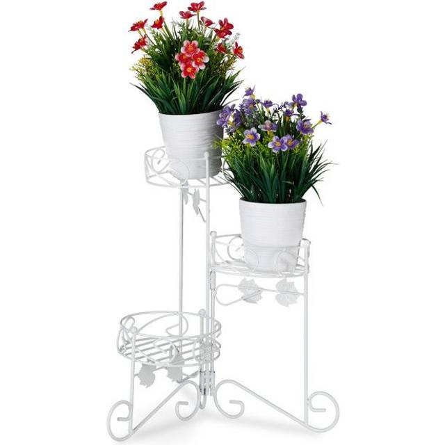 Relaxdays Blomställ metall, 3 våningar, för vikning, dekorativ blomtrappa, vintage, inomhus och utomhus, H: 40 cm, vit