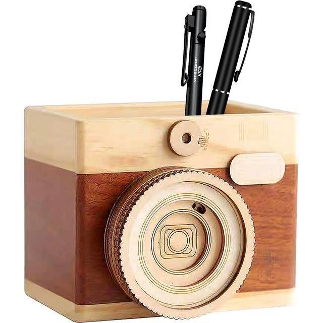 Wooden Pen Holder Unique Vintage Camera Shaped Desk Pencil Holder Organizer for Study Office Single pen holder